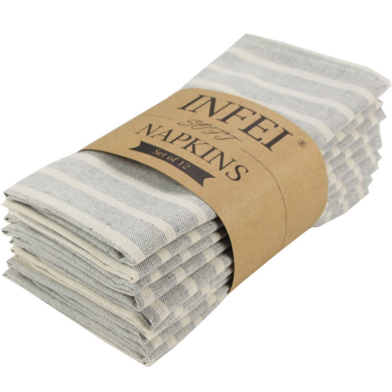 INFEI Broad Striped Cotton Blended Dinner Cloth Napkins - Set of 12 (40 x 30 cm) - for Events & Home Use (Grey) - Image 1
